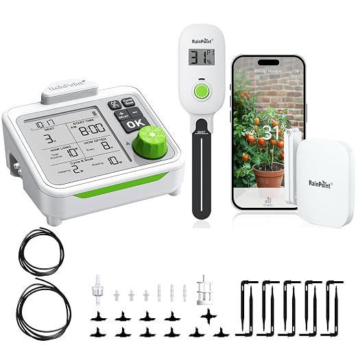 RAINPOINT Large Display Automatic Plant Waterer Indoor for Pot Plant Cycle & Soak Mode with WiFi Soil Moisture Meter Kit