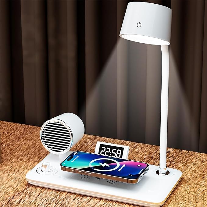IHAO Smart LED Desk Lamp with Wireless Charger & Bluetooth Speaker, 15W Fast Charging Station for Phone & Earbuds Touch Control 3 Light Modes Alarm Clock Adjustable Eye-CareTable Lamp-HYT1772 White