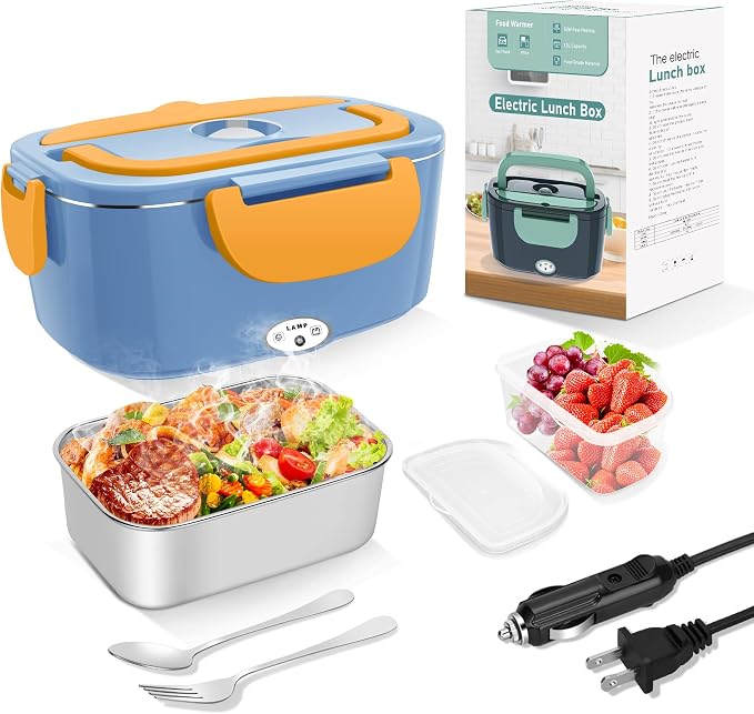 HOLDRUBY Heated Lunch Boxes for Adults, 80W Electric Lunch Box Food Heated 12/24/110V 1.5L Heatable Lunch Box for Car/Truck Leak-Proof Removable Stainless Steel Container, Fork & Spoon, Bag