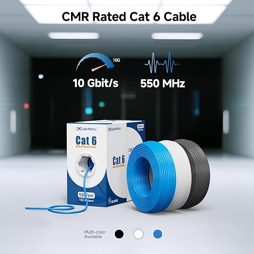 Cable Matters [UL Listed] 10Gbps in-Wall Riser Rated (CMR) 23AWG Bare Copper Cat6 Ethernet Cable - 500ft, Solid, UTP Cat 6 Ethernet Cable Spool, Cat 6 Cord Bulk, White
