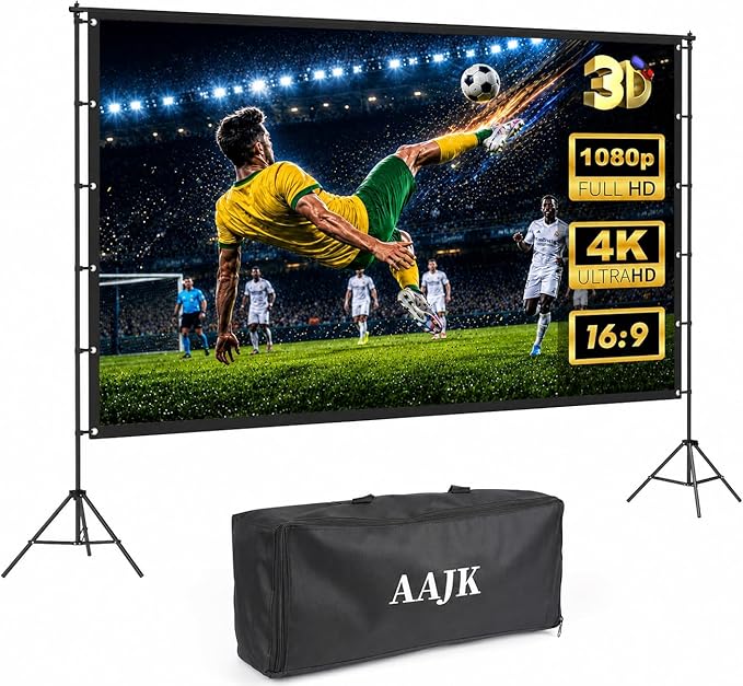 AAJK 120in Outdoor Projector Screen with Stand,Portable 16:9 4K HD Indoor Outdoor Projection Screen with Wrinkle-Free Design, Ideal for Home Theater and Backyard Cinema – Includes Carry Bag