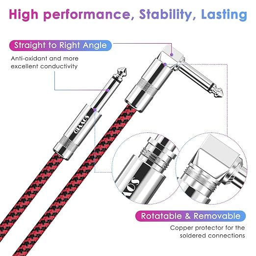 10FT 2 Pack Instrument Cable - Electric Guitar & Bass Guitar Cable with Right Angle Blue and Red 1/4 Inch Connectors