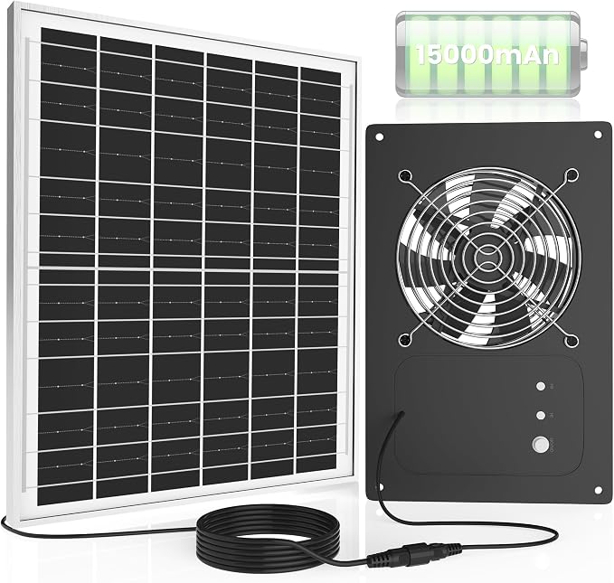 25W Solar Fan for Chicken Coop with 15000mAh Battery & Timer | 5" Small Solar Powered Exhaust Fan, Usable At Night, Quiet Waterproof High Airflow, for Outdoor,Greenhouse,Sheds,Pet Houses