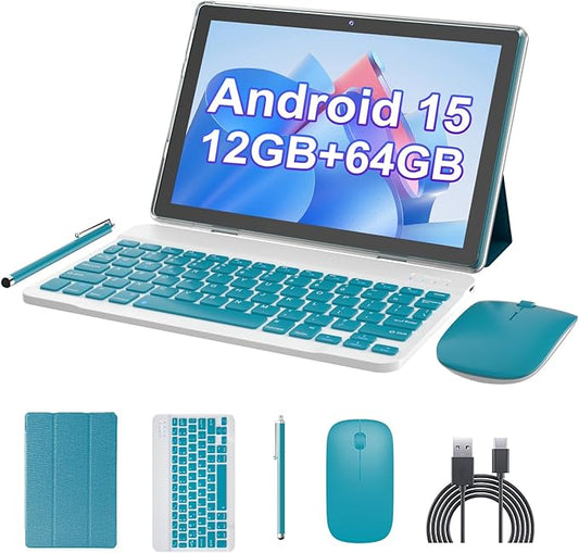 Android 15 Tablet 10 inch, 2 in1 Tablets with Keyboard Case Mouse Stylus, 12GB RAM 64GB ROM 1TB Expand, Quad-Core Processor Tablet PC, 5G WiFi6, BT5.0, 6000mAh, 1280*800 IPS Screen, Widevine L1, Navy