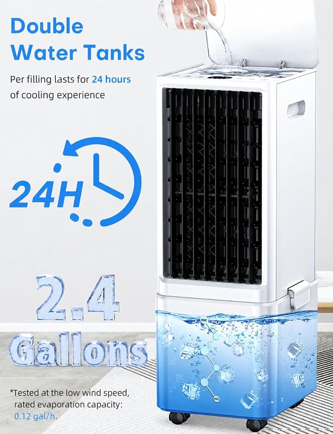 Windowless Air Conditioner w/4 Mode&3 Speed, Waterless Alert, 2.4-Gal Tank for 24H Cooling, 12H Timer,20FT Remote, 70° Auto Swing Evaporative Air Cooler, Portable Air Conditioners for Bedrooms