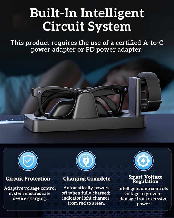 Charging Dock for Meta RayBan Display&Neural Band Smart Glasses Accessories | 3-in-1 Dock, One-stop Charging. Smart chip + Fast charging. Dual-Color LED Status. Contact Charging. Drop & Charge