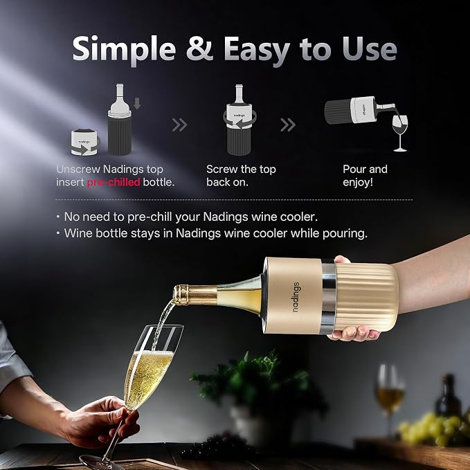 Iceless Wine Chiller, Keeps Cold 6+ Hours, Fits Most Wine Bottles | Vacuum Insulated, 18/8 Stainless Steel, Portable, Fits Most Standard 750ml Wine & Champagne Bottles, Champagne