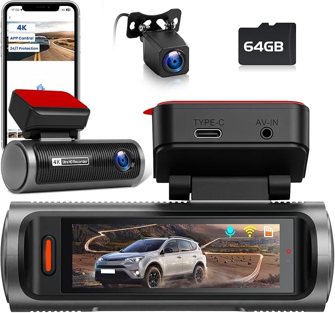 4K Dual Channel Dash Cam 360° Front and Rear, 4K Dash Camera for Cars 64G, 2 Channel Dashcam with APP Control, Night Vision, Loop Recording, Car Camera with G-Sensor, 24H Parking Monitor
