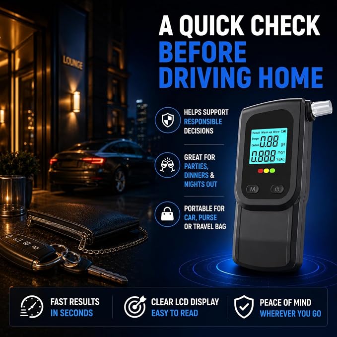 Breathalyzer Alcohol Tester with 20 Mouthpieces, Portable BAC Tester with LCD Display, Personal Alcohol Breathalyzer for Home, Travel, Parties & Quick Alcohol Level Checks Before Driving | Quick BAC Reference Color-Coded Alerts One-Button Use Active Bl...