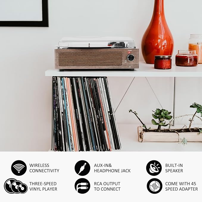 Vintage Record Player with Speakers Turntable for Vinyl Records Belt-Driven Turntable 3-Speed 3 Size Wireless Playback Headphone AUX-in RCA Line LP Vinyl Players Auto Stop Wood Grey