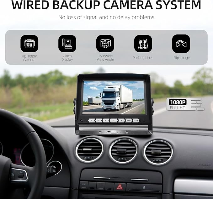 7'' Dual Camera Backup Systems with DVR Recording, IP69 Waterproof Front & Rear View Camera, Loop Recording, Split Screen, 12V-24V