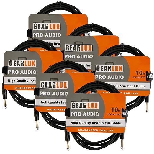 Gearlux Instrument Cable/Guitar Cable, 1/4 Inch, Straight to Straight, Black, 10 Feet - 6 Pack
