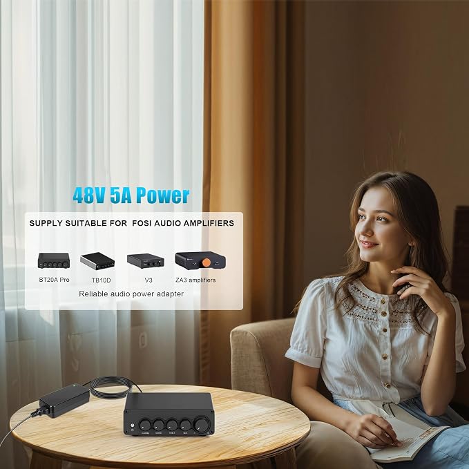 for Fosi Audio Power Supply Adapter, 48V 5A, Compatible with BT20A Pro, TB10D, V3, ZA3 Amplifiers