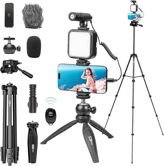 USKEYVISION Vlogging Kit for iPhone Youtuber Starter Kit Content Creator Equipment for iPhone 16/15Pro Max with 59'' Extendable Fullsize Tripod, LED Light,Shotgun Mic Video Recording(Vlog K4)