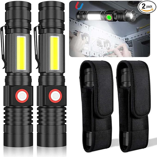 Hoxida USB Rechargeable Flashlight, Magnetic LED Flashlight, Super Bright LED Tactical Flashlight with Cob Worklight,Waterproof,Zoomable Small LED Flashlight for Camping, Flashlight with Holsters