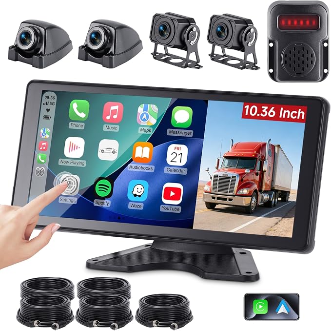 10.36" RV Camera System with CarPlay & Android Auto Touch Monitor | Wired 4CH 1080P IP69 Waterproof Backup Camera. BSD blind spot alert & DVR Loop Recording for Semi Truck, Trailer, Camper, RV