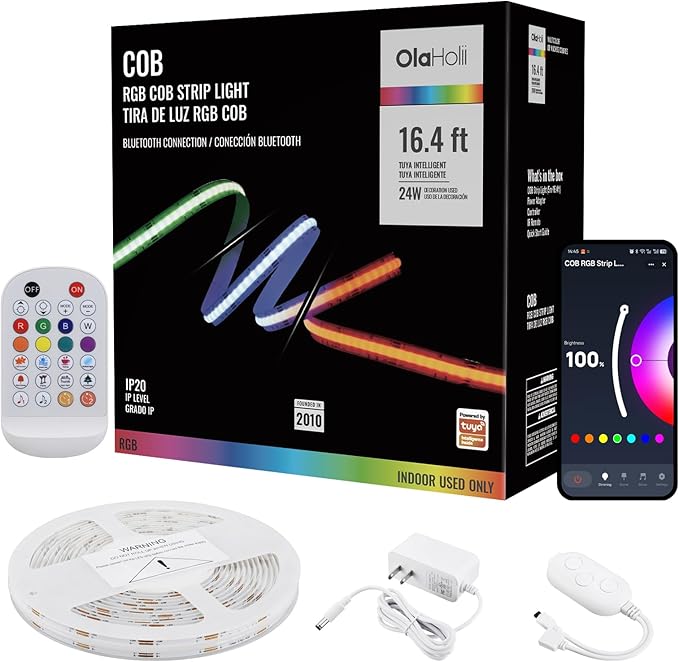 16.4ft Bluetooth RGB COB Led Strip Light, Color Changing with App, Music Sync COB Led Light Strip, Bright Flexible Multicolor Led Strip Light for Kitchen, Room, Party Decoration