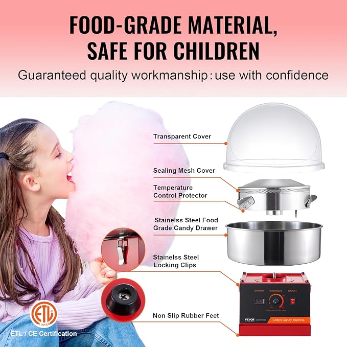 VEVOR Cotton Candy Machine Commercial, 1000W Electric Floss Maker with Cover, Stainless Steel Bowl, Sugar Scoop, Storage Drawer, Perfect for Home, Carnival, Kids Birthday, Family Party, Red