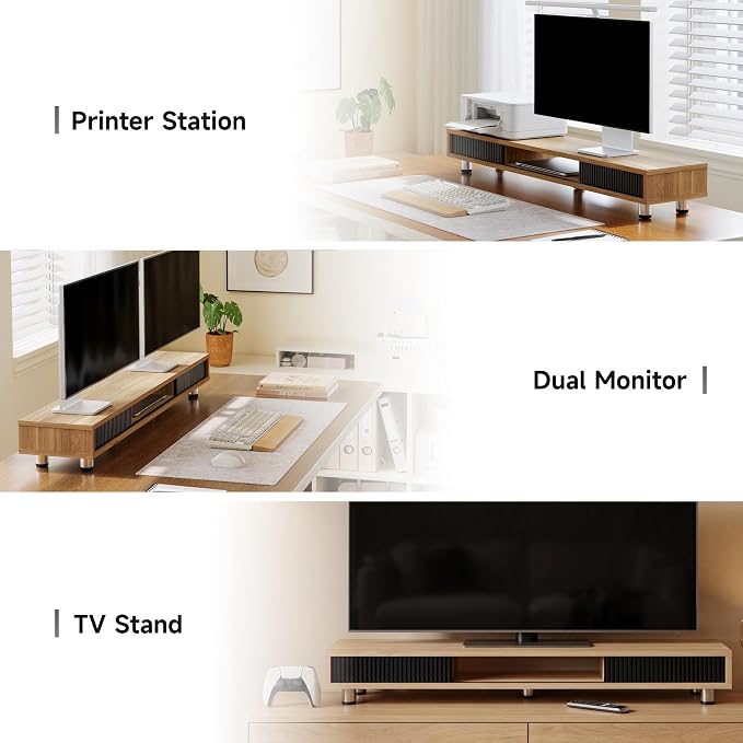 Fenge Dual Monitor Stand, 42.5inch Long Monitor Stands Riser for 2 Monitors, Glass Sliding Door with Storage Organizer Stand for Desk, 2 Tier Desk Shelf for Laptop, Pc, Printer, Computer, TV