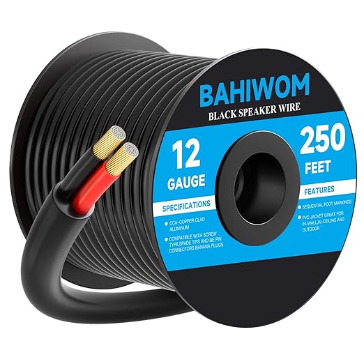 12 Gauge Speaker Wire 250 Feet CL3 Related CCA Black Cable with 2 Conductors for Outdoor Direct Burial Backyard Garden Home Car in-Wall Speaker
