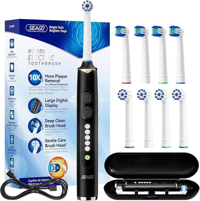 SEAGO Rotating Electric Toothbrush for Adults - 8 Replacement Heads (4 Soft/4 Hard), IPX7 Waterproof, 5 Modes with Memory Function, 2-Minute Timer, USB Type-C Rechargeable (SG-2607-Black