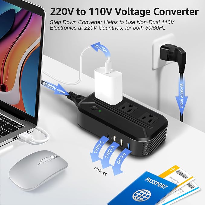 Voltage Converter US to Europe with 4 USB + 3 AC Outlets, 2300W Power Converter European Travel Plug Adapter for EU/UK/Italy/Asia/India/South Africa/Australia