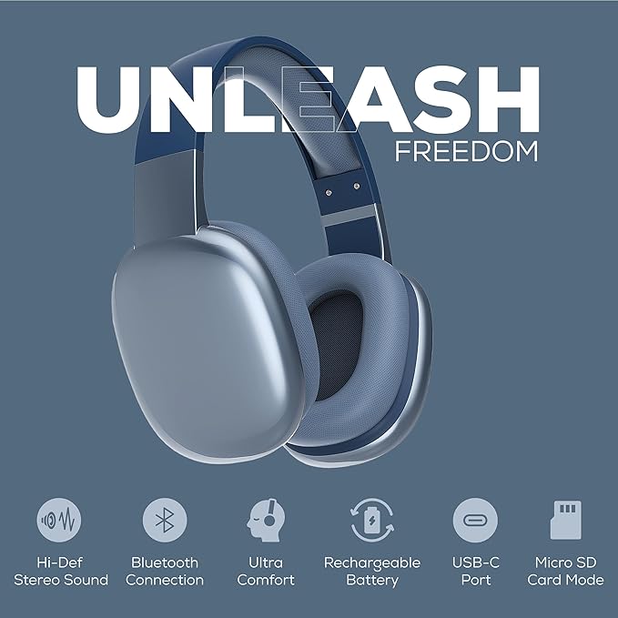 Gabba Goods Wireless Over Ear Bluetooth Headphones with Microphone - Wireless Headset -Noise Reduction - Bluetooth, Wired,Built in Micro SD for Travel, Home, Work TV,PC,Gaming,Cellphone (Blue)