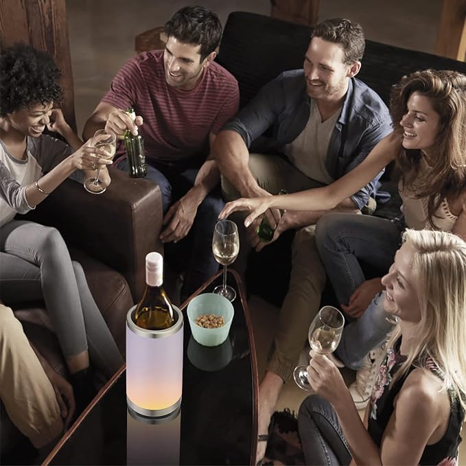 Wine Chiller with Rechargeable RGB Touch Lamp| Wine Bottle Cooler Bucket| Double Walled Insulator with 2 Ice Pack for 750ml Champagne| Perfect Wine Gifts| Wine Accessories for Party/Dinner