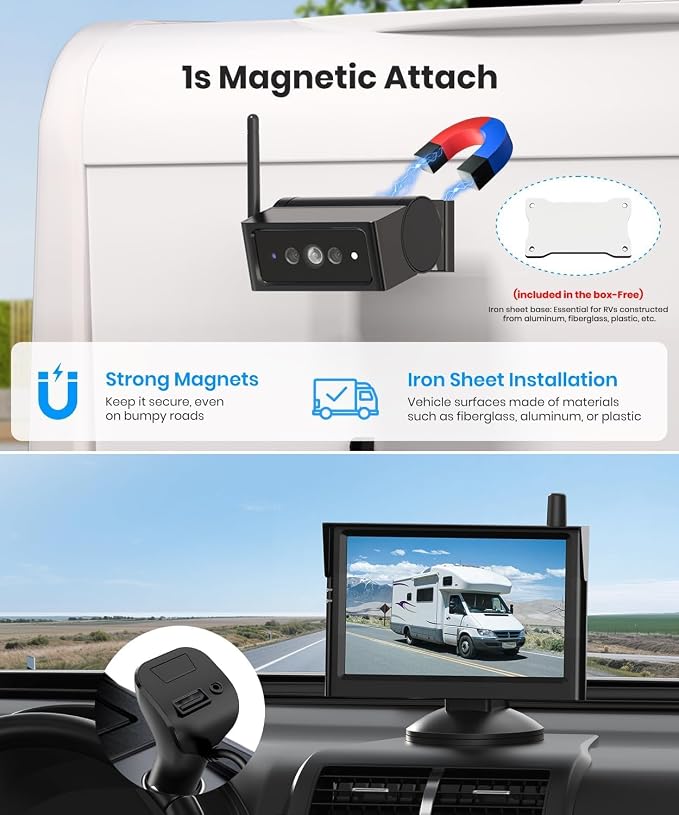 AUTO·VOX Magnetic Wireless Backup Camera with Solar Panel, 1 Minute Install Hitch Camera, Solar Assisted Charging for RV, 1080P HD 5" Monitor, IR Night Vision, IP69K Waterproof for Truck RV Trailer