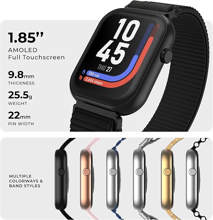 iTouch AIR 5 Smartwatch, 1.85" AMOLED Display, Bluetooth Calling, 100+ Sports Modes, Heart Rate, SpO2, Sleep & Stress Tracking, Water Resistant, 7-Day Battery Life, for Android & iPhone