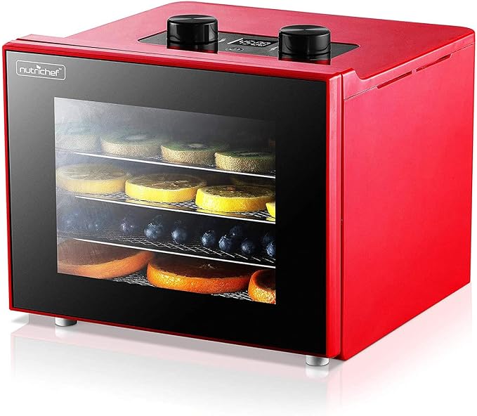 NutriChef Electric Countertop Food Dehydrator Machine - 350-Watt Premium Multi-Tier Meat Beef Jerky Maker Fruit/Vegetable Dryer w/ 4 Stainless Steel Trays, Digital Timer, Temperature Control