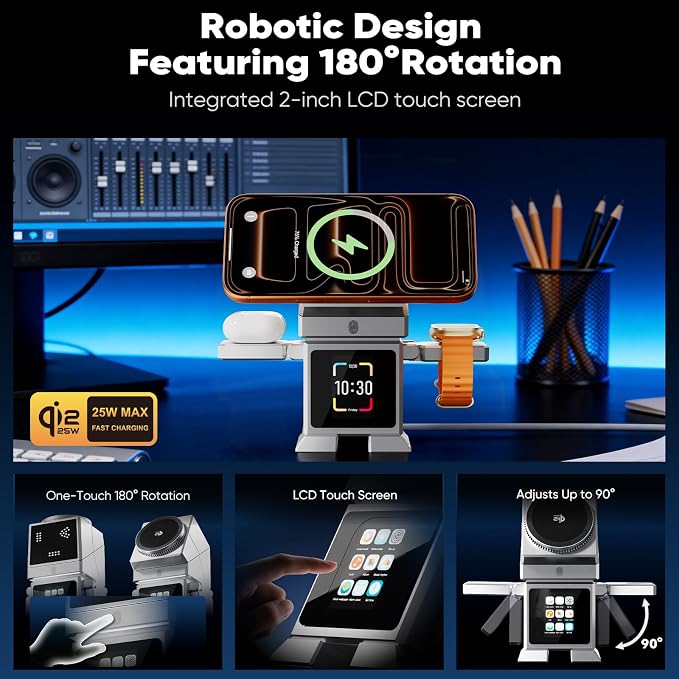 Robot 7-in-1 Wireless Charging Station, Qi2.2 25W Magnetic Rotating Charger for iPhone 17-12 Series, iWatch, AirPods, Bluetooth Speaker, Alarm Clock with LCD Display, Desk Organizer & Decor, Sliver