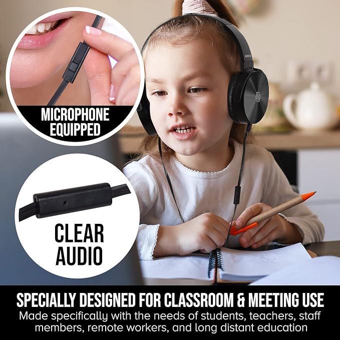 Sonitum Classroom Headphones-Bulk 10-Pack, Student On Ear Comfy Swivel Earphones for Library, School, Airplane, Kids-for Online Learning and Travel, HQ Stereo Sound 3.5mm Jack (Black with Microphone)