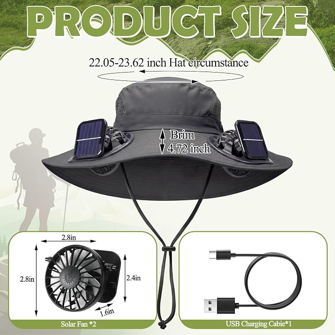 Berlune Sun Hat with 2 Solar Fan Wide Brim Fishing Bucket Hat USB & Solar for Men Women UPF 50+ Cooling for Fishing Beach