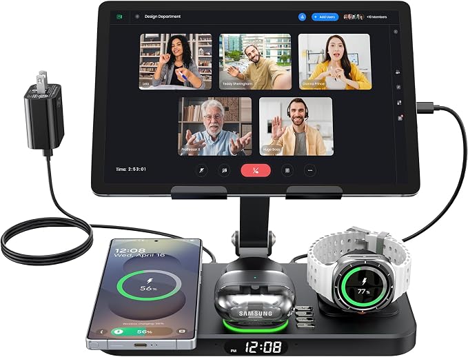 Meifigno 45W Wireless Charging Station for Multiple Samsung Device, Foldable 20W Wired Charger Stand for Galaxy Tab with Clock & Light, Charger for S26/S25 Ultra/Z Fold 7 & Buds, Only for Galaxy Watch