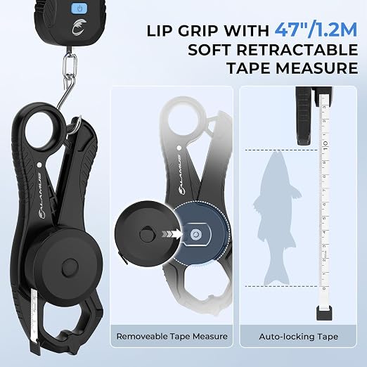 Calamus Lightweight 2pc Fishing Tool Kit – Fish Scale & Lip Gripper, Rechargeable Digital Scale with USB Cable, Lip Gripper with Soft Retractable and Detachable Measuring Tape, Fishing Gifts for Men