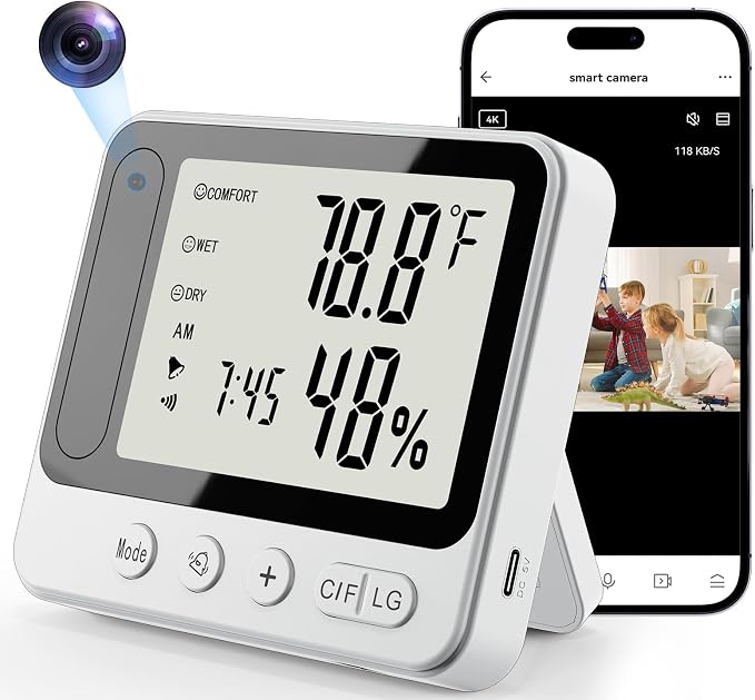 Hidden Camera Thermometer Hygrometer, 4K Discreet Nanny Camera - WiFi Remote View, Night Vision, Motion Detection,3-in-1 Wireless Spy Camera for Home/Office/Pet (White)