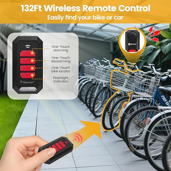 Geevon Bike Alarms for Ebikes, Wireless Bike Alarm with Remote, 135dB Anti-Theft Bicycle Motorcycle Alarm Wireless Security Sensor Alarms, IPX5 Waterproof (1)
