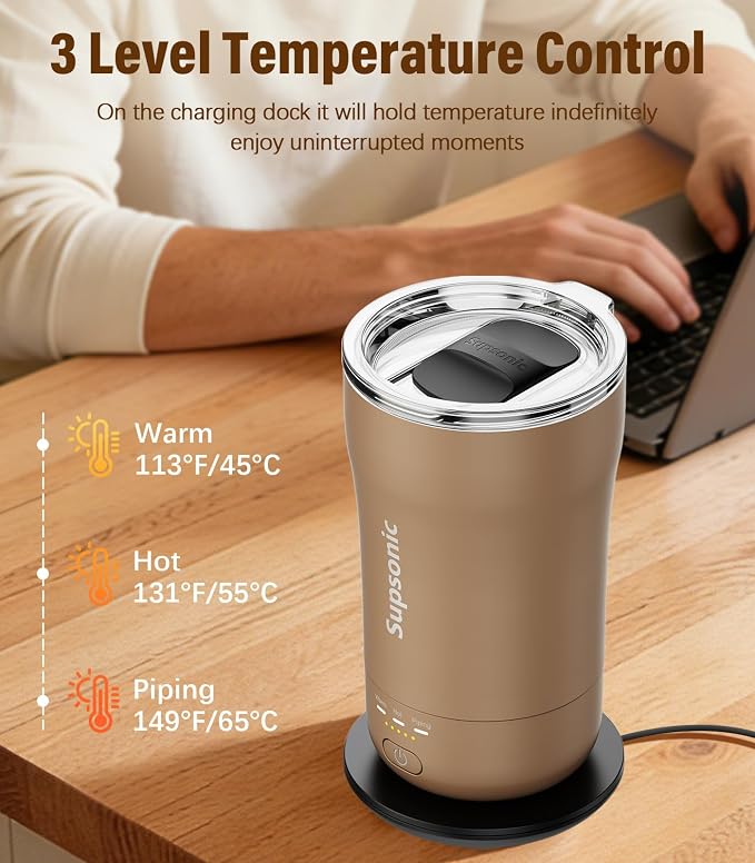 Supsonic - 14oz Heated Coffee Mug, Self-Heating Travel Mug with 3-Temp Settings, Insulated Stainless Steel Constant Temperature Heating Mug for Beverage, Smart Heating Portable Coffee Mug | S1