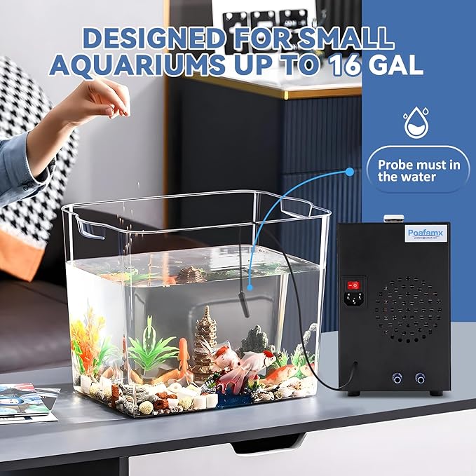Poafamx 16gal Aquarium Chiller Quiet Small Water Chiller Electronic Cooling | Energy-Saving Aquarium Cooler with Pump & Tubing for Household Fish Tanks Axolotl Coral Crystal Shrimp 110V