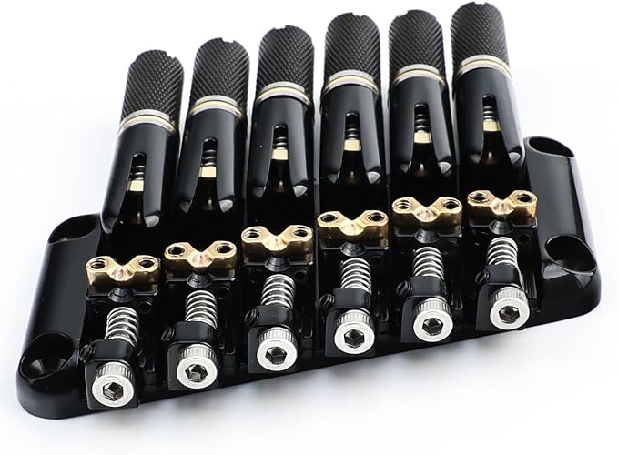 Fanned-fret 6 String Headless Guitar Bridge 10.5mm Headless Fixed Bridge -Brass Saddles Zinc Alloy Plate, Easy Installation/Adjustment, Fits Most 6-String Headless Electric Guitars Black