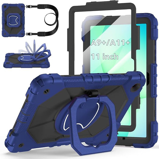 Case for Samsung Galaxy Tab A11+/A9+ Plus 11 Inch 2026/2024, Auorld Rugged Case for Samsung Galaxy A9+/A11+ Tablet with Screen Protector 360 Rotating Stand Shoulder Strap Pen Holder, Navy Black