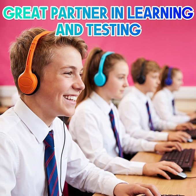 Frienda 48 Pack Classroom Headphones Bulk, Wired School Headsets for Students, Stereo Headphones with 3.5 mm Plug for Classroom, Online Learning, Library(Basic,Orange, Navy, Black, Blue)