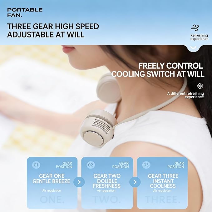 Portable Cooling Neck Fan, Hands Free Wearable Bladeless Fan with 1200mAhx2 Battery, 3 Speeds Quiet Operation, Foldable Hanging Neck Fan for Travel, Office, Outdoor - Beige