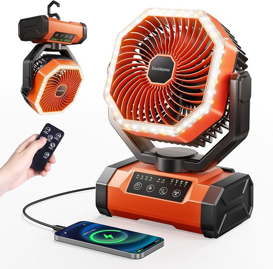 Doublepow 20000mAh Camping Fan with LED Light, Portable Table Fan with Remoter & Hook, Auto-Oscillating 4 Speeds & Timer Rechargeable Battery Operated, for Outdoor, Travel, Picnic, Power Outage