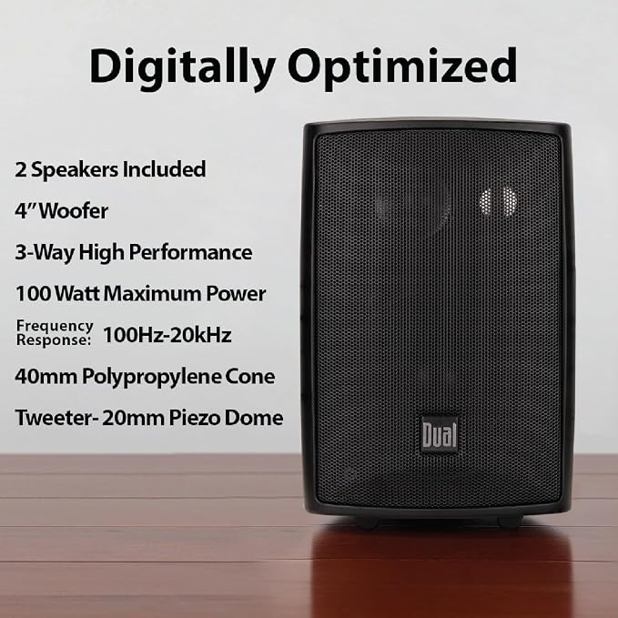 Dual Electronics LU43PB 4" 3-Way High Performance Outdoor Indoor Wired Speakers | Effortless Set Up | Home, Pool, Patio, Garage Use | Weather & UV Resistant | Expansive Stereo Sound Coverage | Black