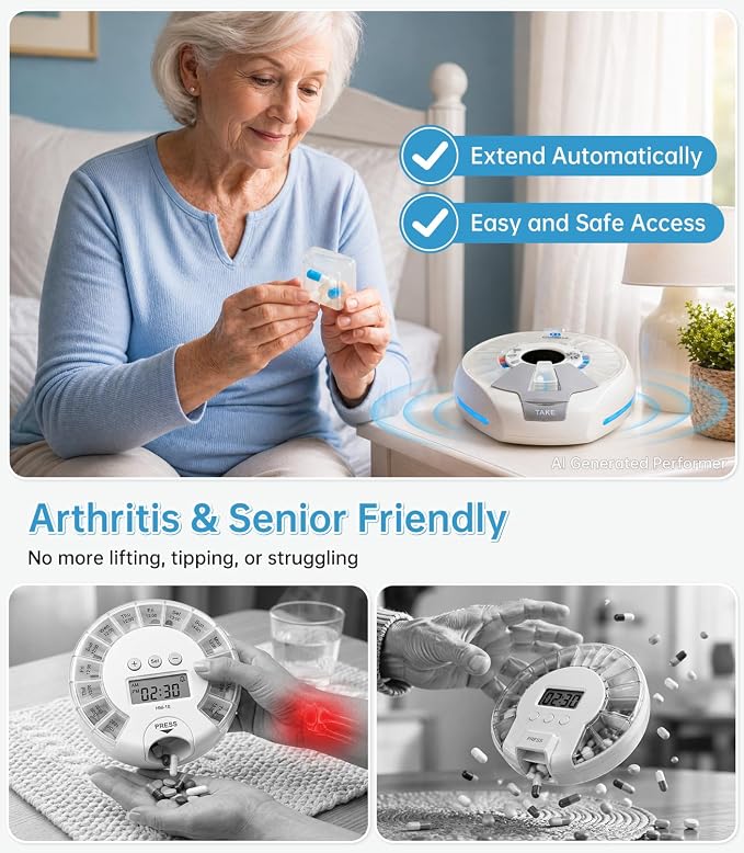 Wi-Fi Automatic Pill Dispenser Smart Medication Assistant for Seniors & Caregivers with 21 Individual Pods, Alarms & Sound Light Reminders, Remote Monitoring & Tracks Adherence History, Key Lock
