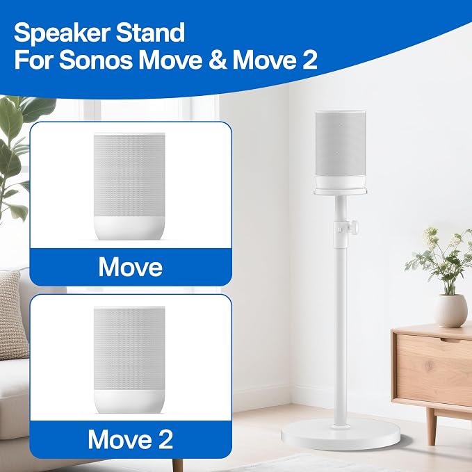 Height-Adjustable Speaker Stand for Sonos Move Stand, Heavy-Duty Floor Stand for Sonos Move & Move 2 with Concealed Power Cord Design, Easy Installation, White