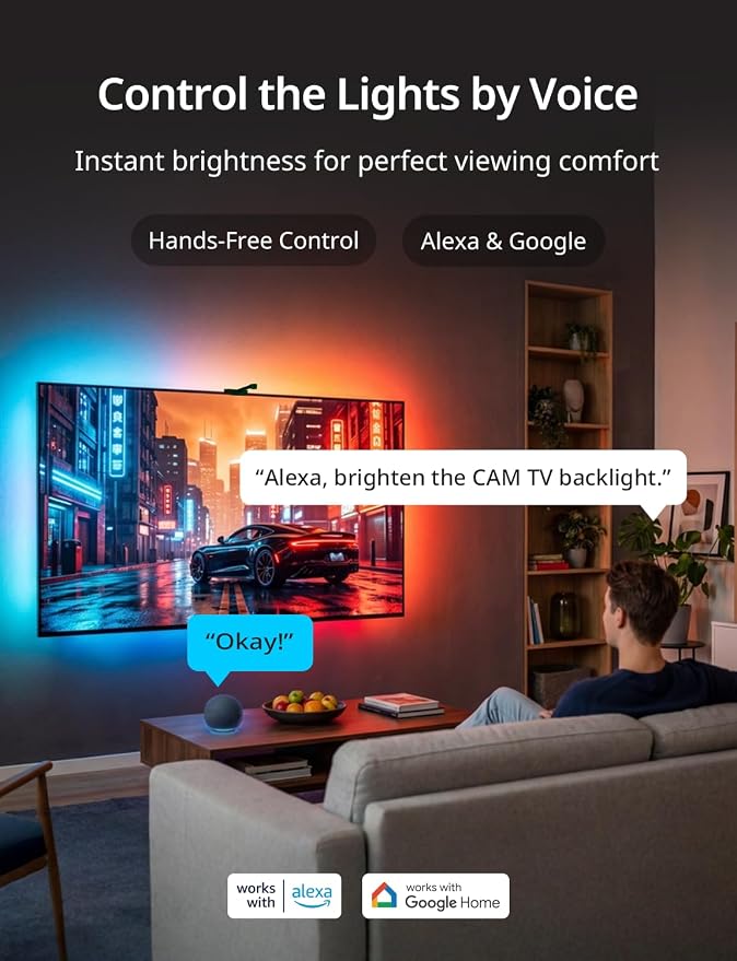 Ailofy TV Backlight with Camera for 55-65" TVs, 12.5ft LED Strip Lights, Real-Time Full-Screen Sync for Movies, Gaming & Music, Smart Bias Lighting, Works with Alexa & Google Assistant, App Control