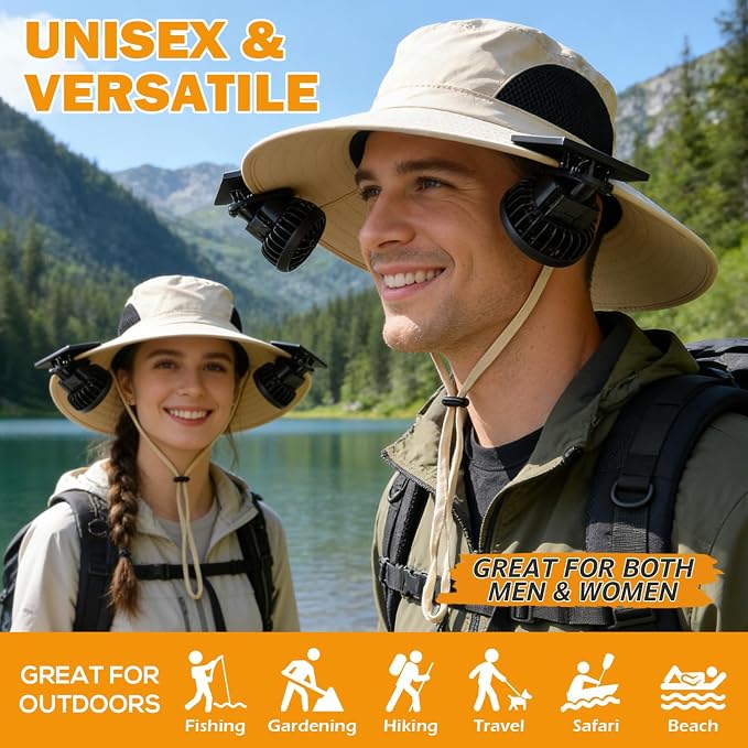 Wide Brim Sun Bucket Hat with 2 Solar Powered Fan for Men & Women | Waterproof & UPF 50+ Sun Protection Hat with Dual-Power Clip-On Cooling Fans for Outdoor Hiking Fishing Gardening